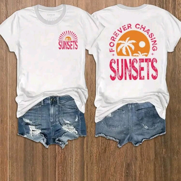 SHEIN White Short Sleeve Tee with Retro Sunset Design - Picture 1 of 1